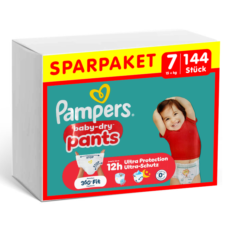 Preview: Vorderseite einer Packung Pampers Baby Dry Pants Größe 7
